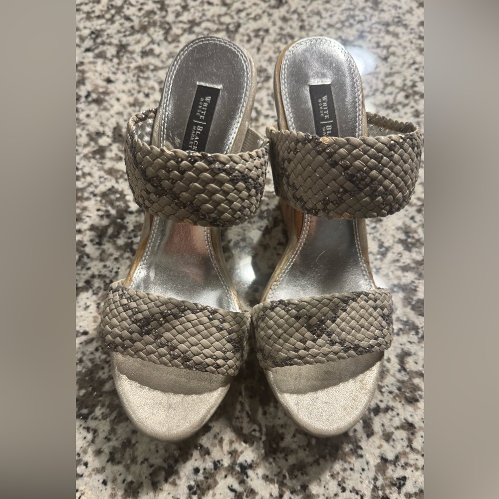 White House Black Market Woven Tan and Black Wedges